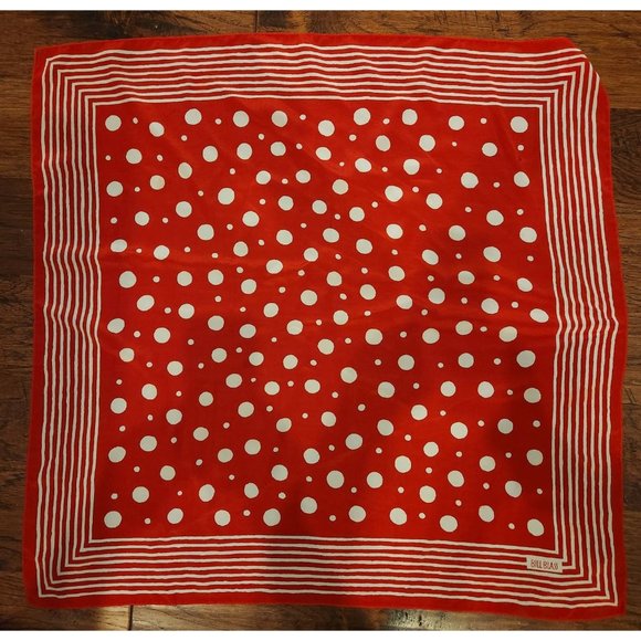 Vintage Bill Blass Red with White Polka Dots and Lines Silk Scarf Hand Turned He - Picture 1 of 6